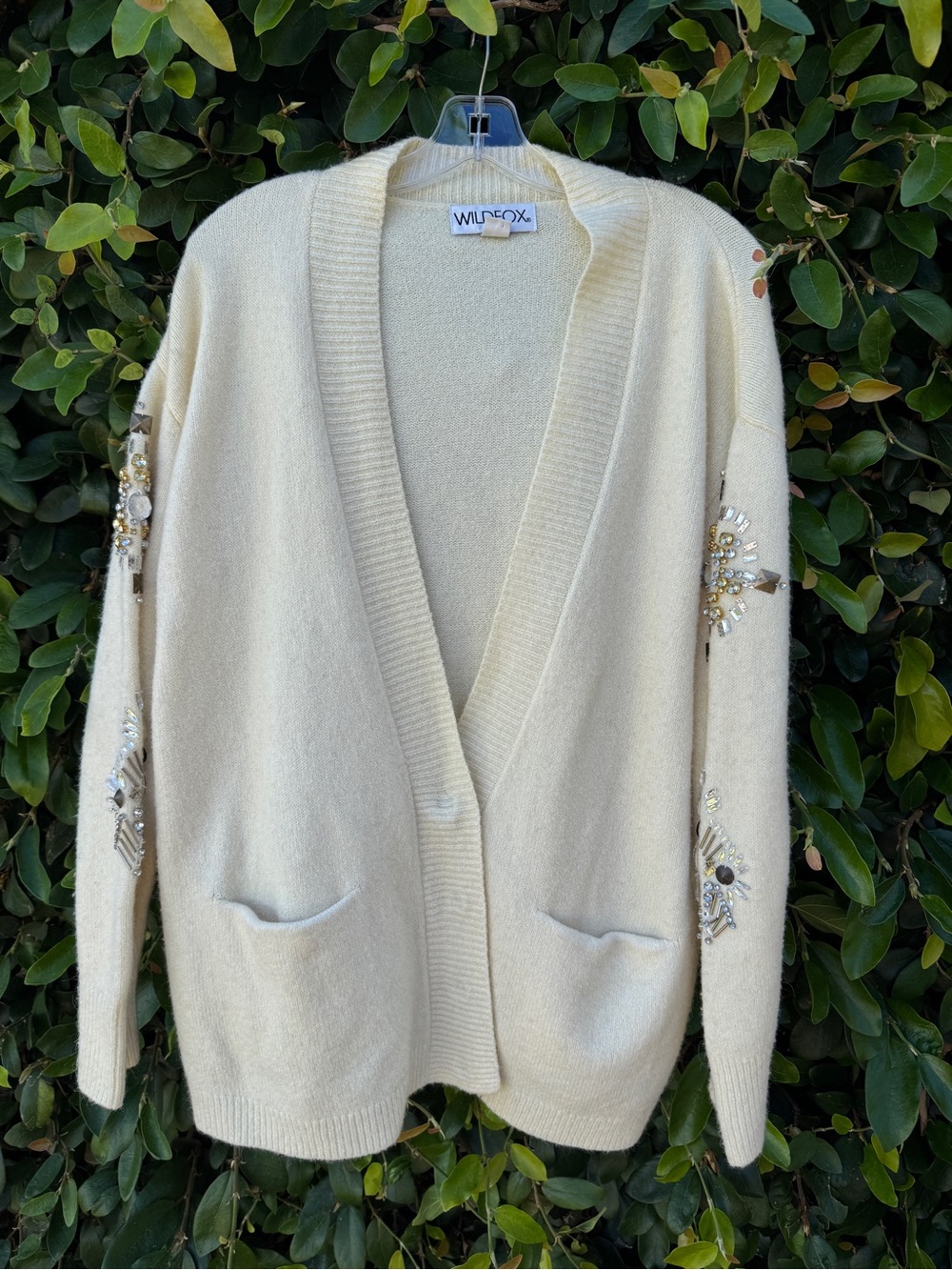 Wildfox Cream Embellished V-Neck Pocket Cardigan
